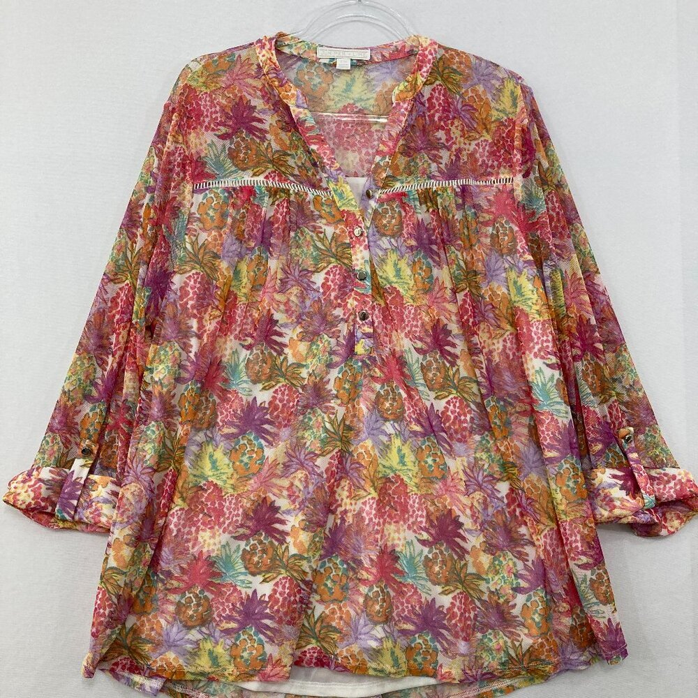 Juniper + Lime size 1X Colorful Floral Mesh Rolled Sleeve Stretch Blouse Office